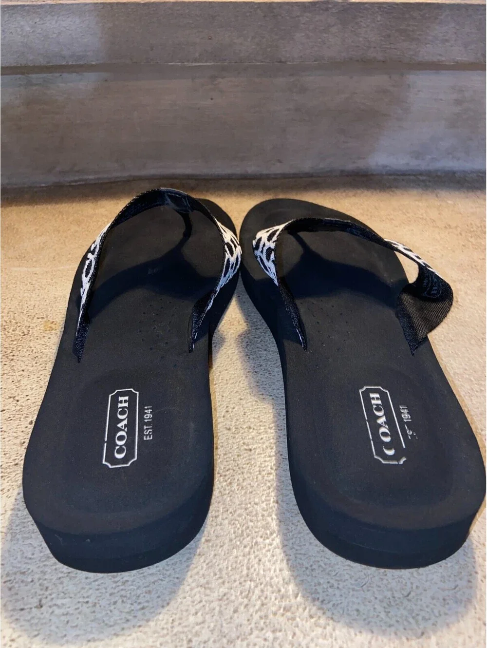 COACH Jessalyn Women's Black Signature C Jacquard Wedge Thong Flip Flop Sandals